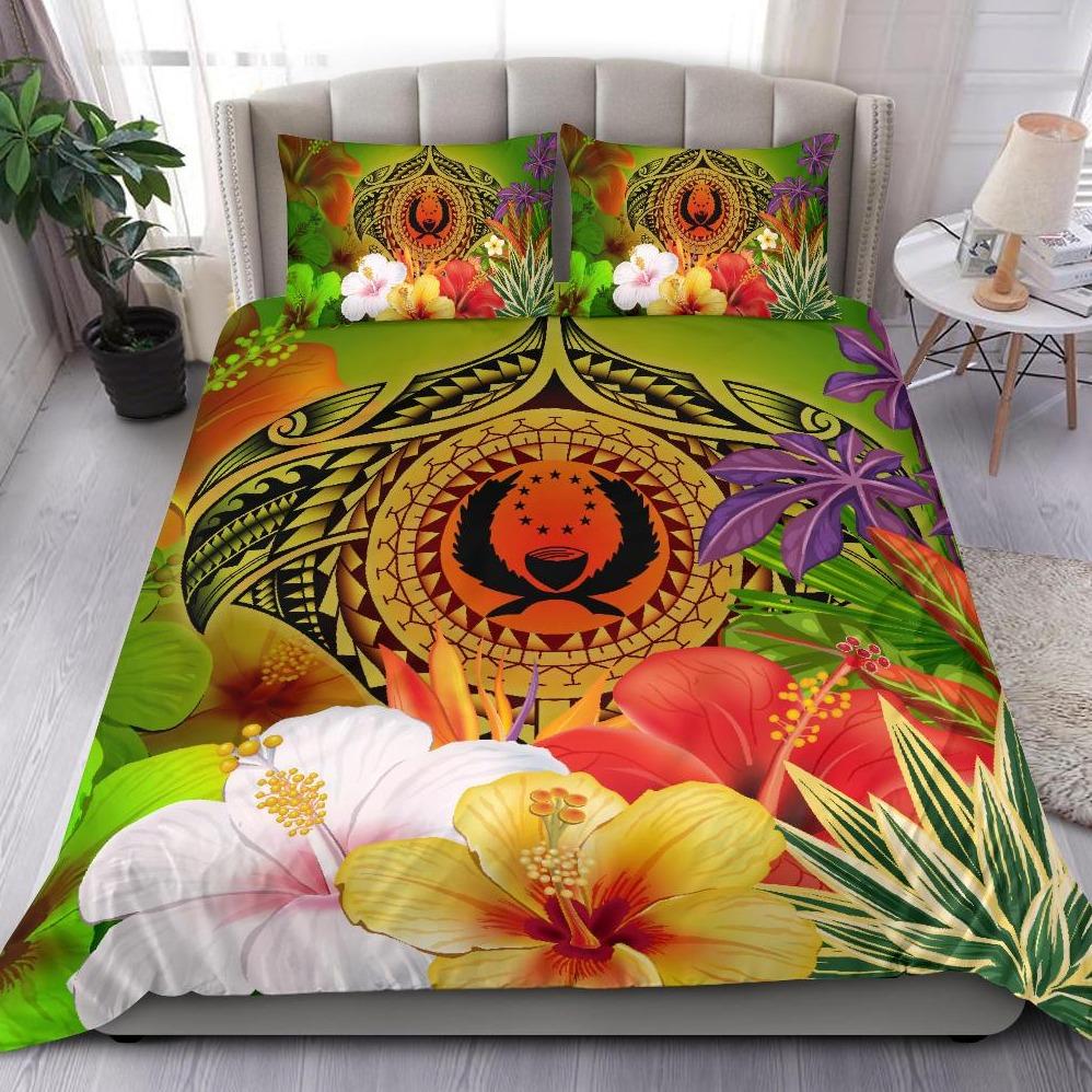 Pohnpei Polynesian Bedding Set - Manta Ray Tropical Flowers (Reggae) Green - Polynesian Pride