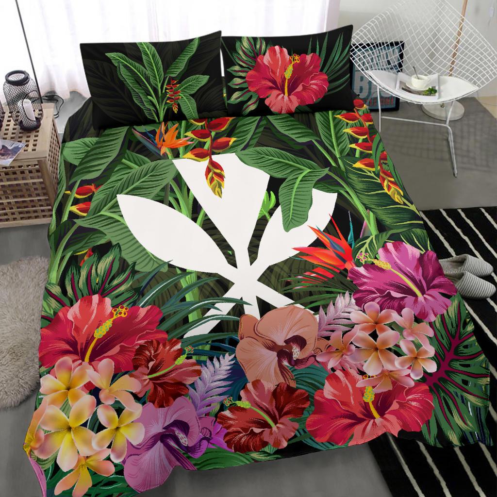 Kanaka Maoli (Hawaiian) Bedding Set - Coat Of Arms Tropical Flowers And Banana Leaves - Polynesian Pride