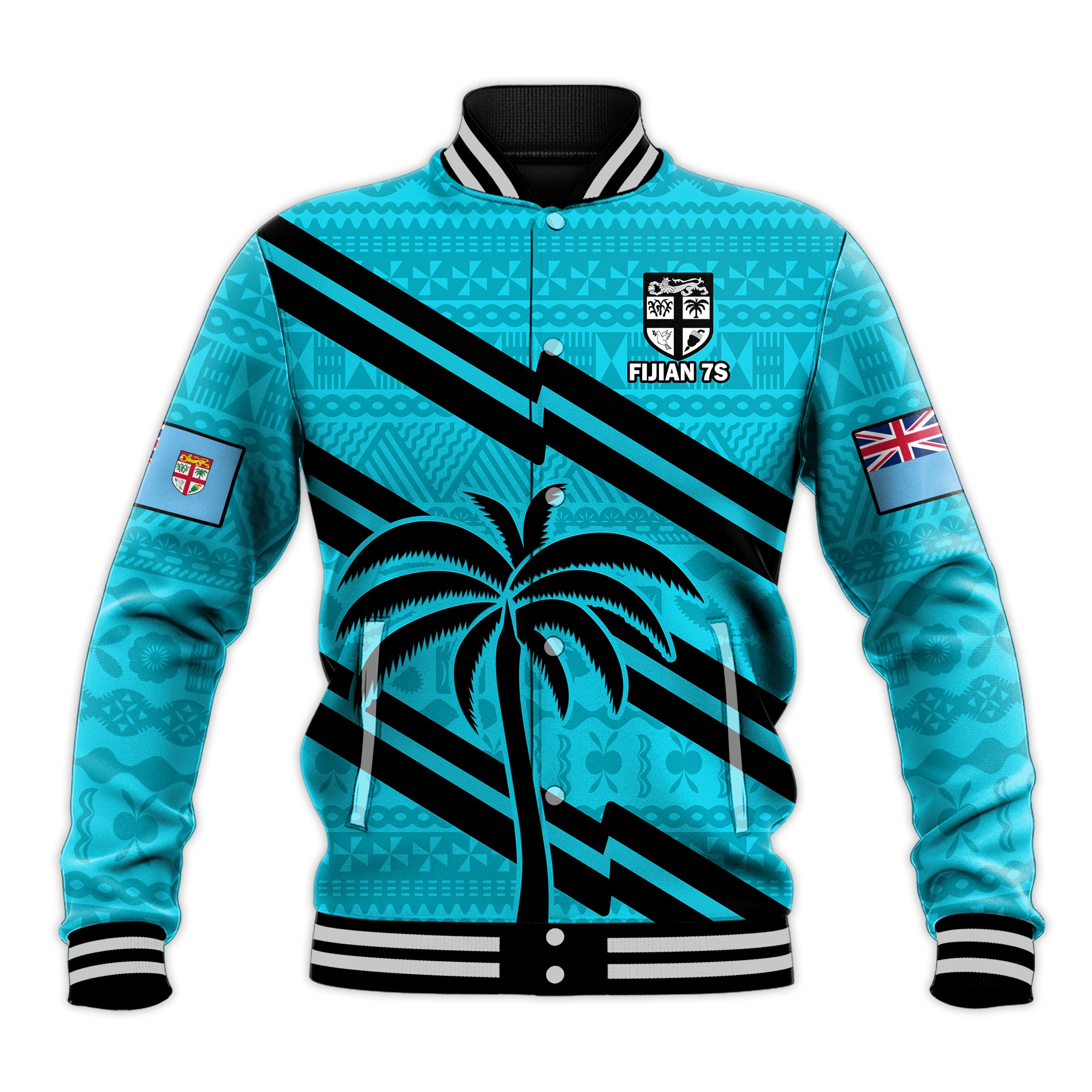 Fiji Rugby Tapa Pattern Fijian 7s Cyan Baseball Jacket LT14 Unisex Cyan - Polynesian Pride