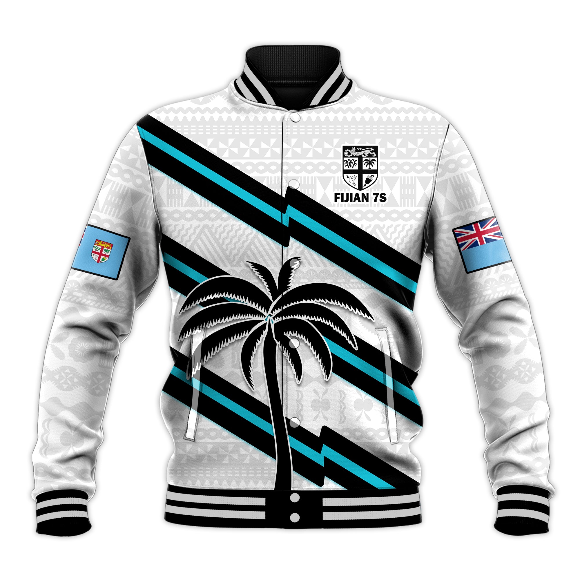 Fiji Rugby Tapa Pattern Fijian 7s White Baseball Jacket LT14 Unisex White - Polynesian Pride
