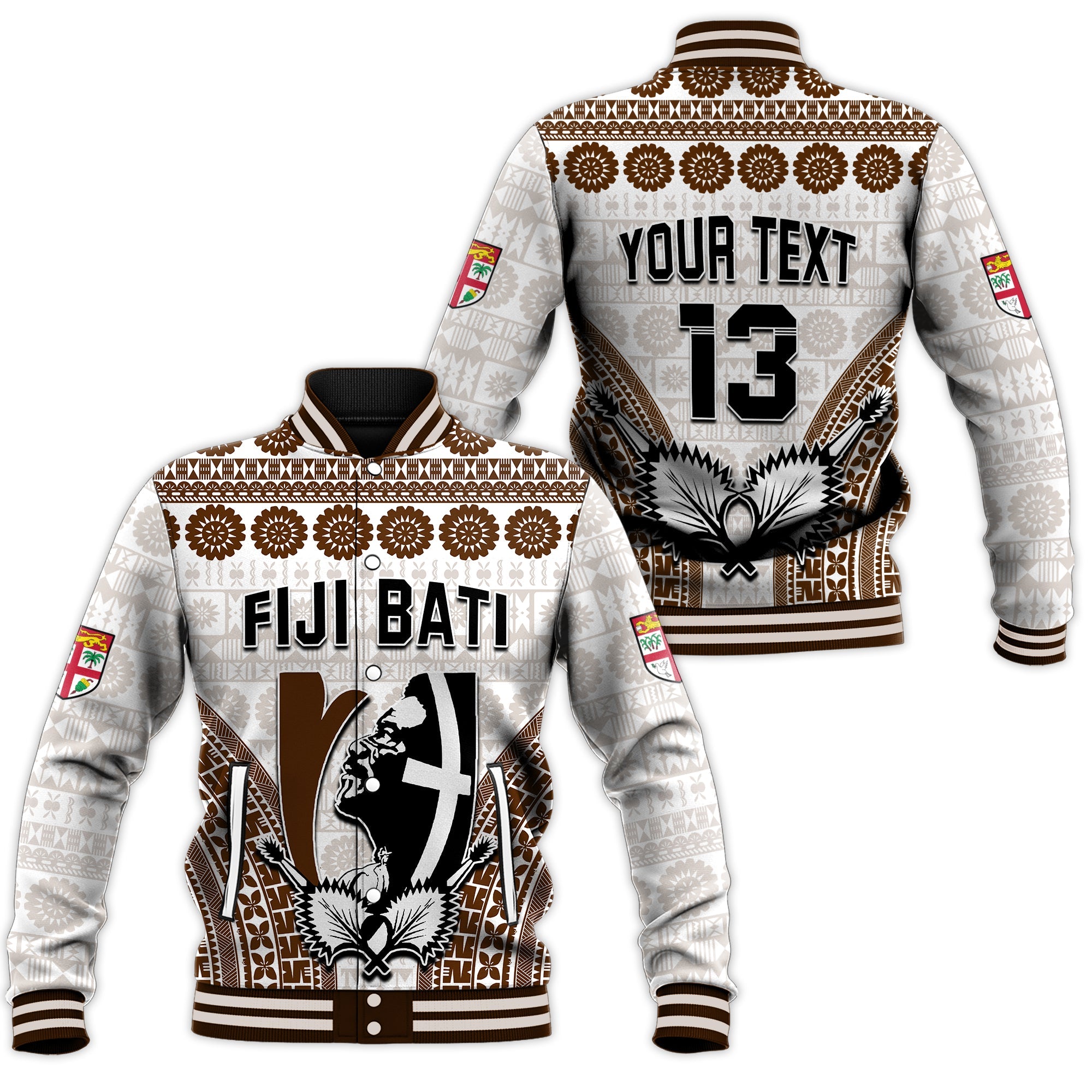 Custom Text and Number Fiji Rugby Bati Baseball Jacket Proud Tapa Pattern LT13 Unisex White - Polynesian Pride