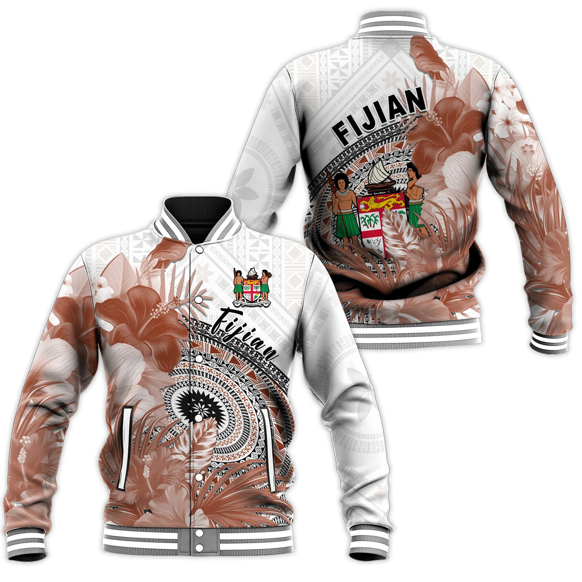 Fiji Tapa Baseball Jacket White Fijian Masi Be Loved Hibiscus LT13 Unisex White - Polynesian Pride