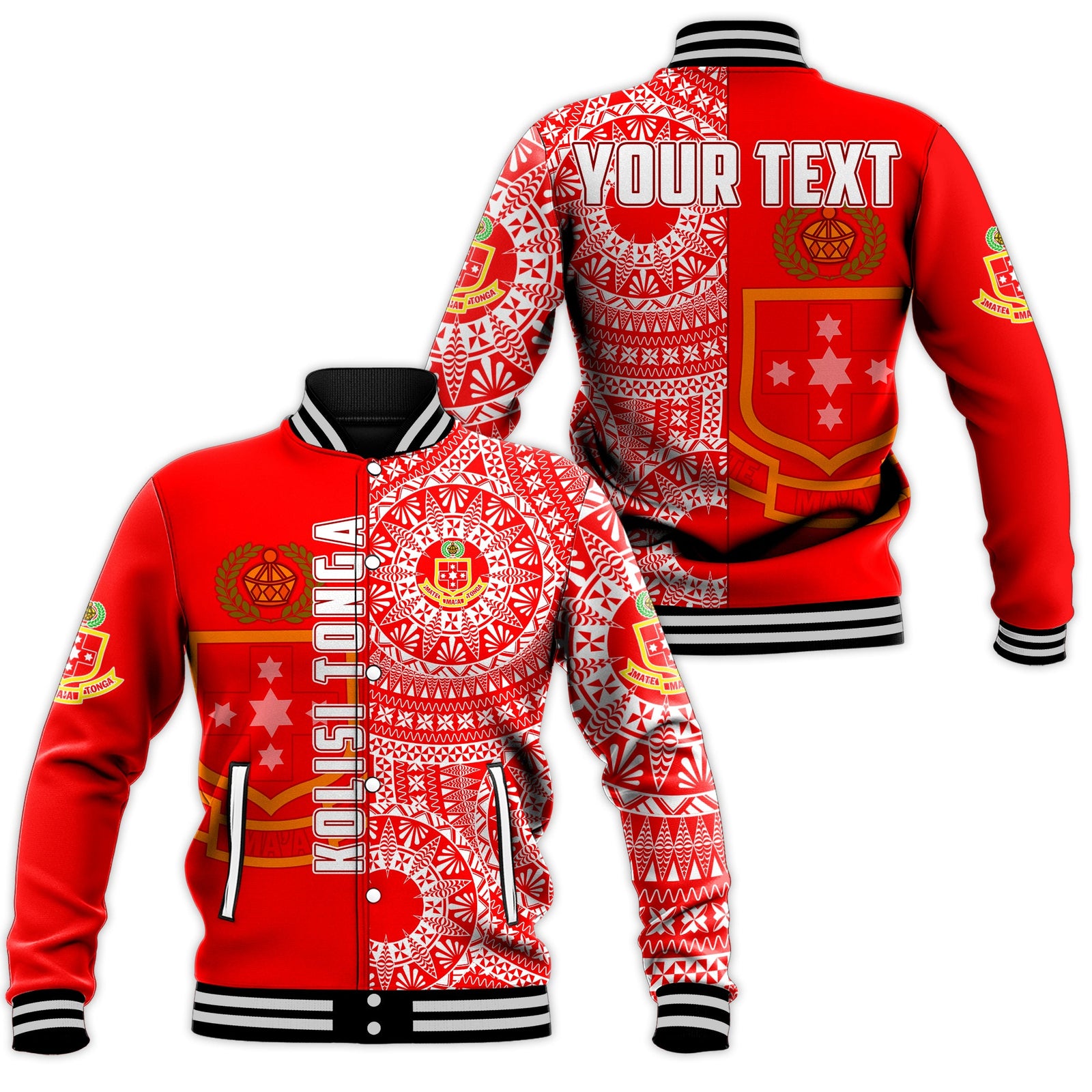 (Custom Personalised) Kolisi Tonga High School Baseball Jacket Tongan Ngatu Pattern LT14 Unisex Red - Polynesian Pride