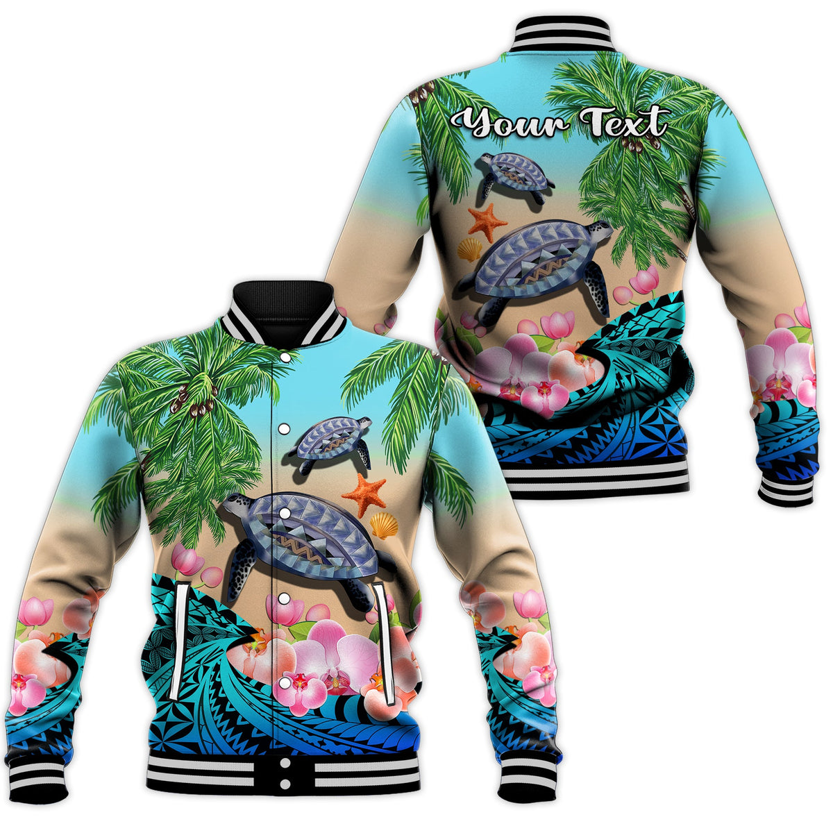 (Custom Personalised) Polynesian Turtle Coconut Tree And Orchids Baseball Jacket LT14 Unisex Blue - Polynesian Pride