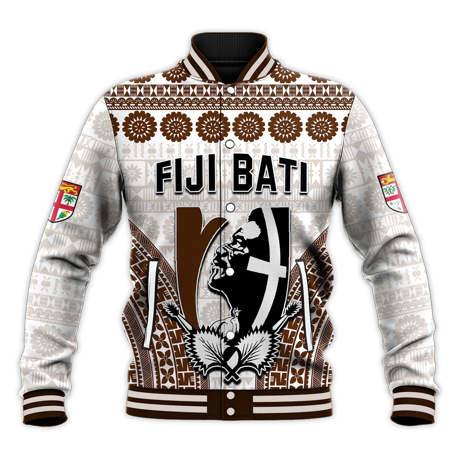 Custom Personalised Fiji Rugby Bati Baseball Jacket Proud Tapa Pattern LT13 Unisex White - Polynesian Pride