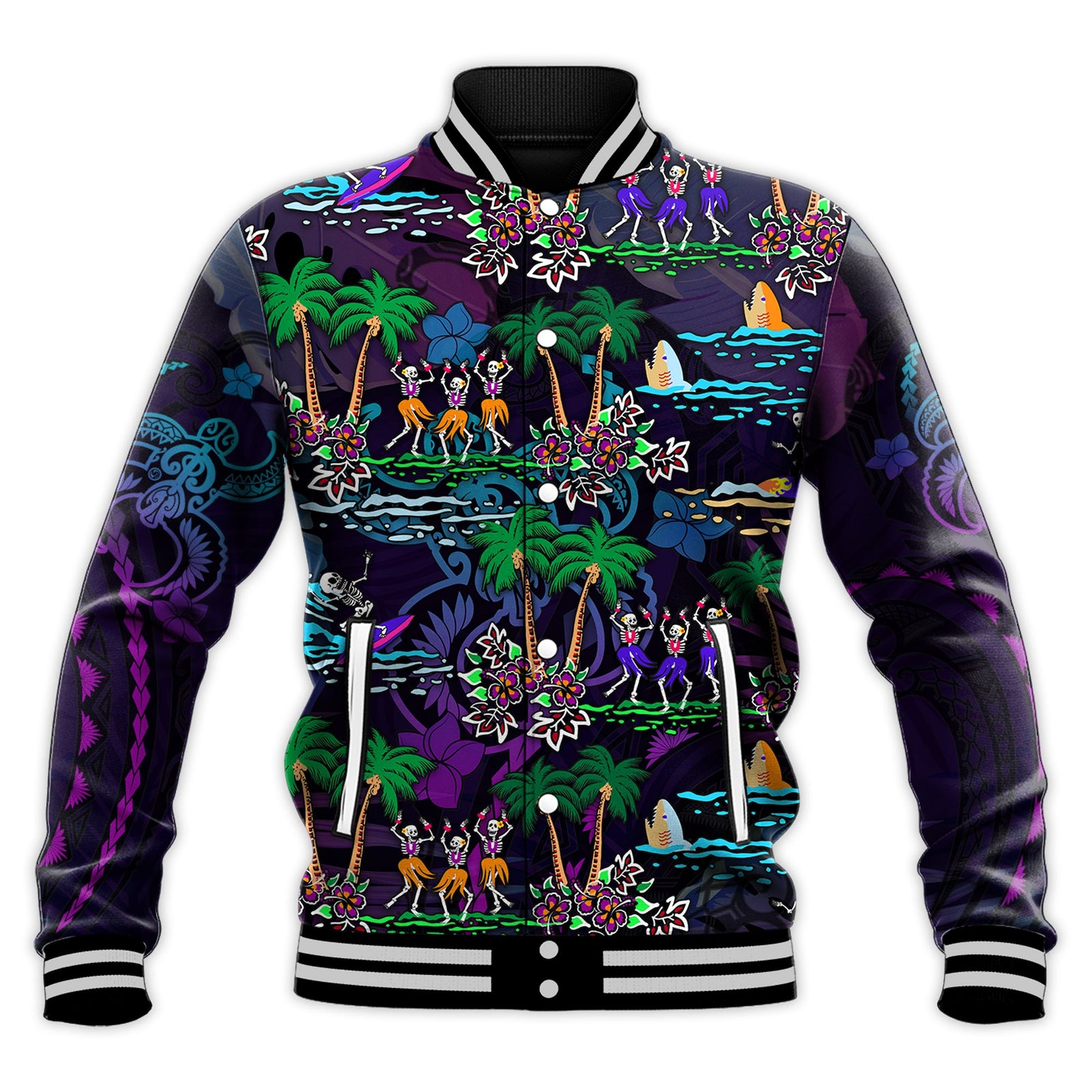Hawaii Skeleton Dancing Baseball Jacket Halloween Hawaiian Turtle LT13 Unisex Purple - Polynesian Pride