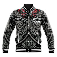 New Zealand Silver Fern Rugby Baseball Jacket All Black NZ Maori Pattern LT13 Unisex Black - Polynesian Pride
