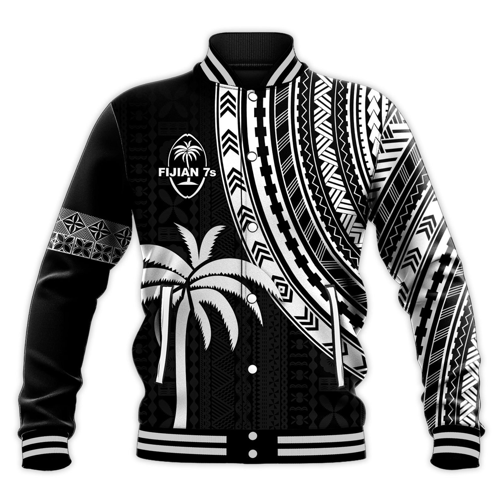 Fiji Rugby Sevens Baseball Jacket Fijian 7s Tapa Polynesian LT13 Unisex Black - Polynesian Pride