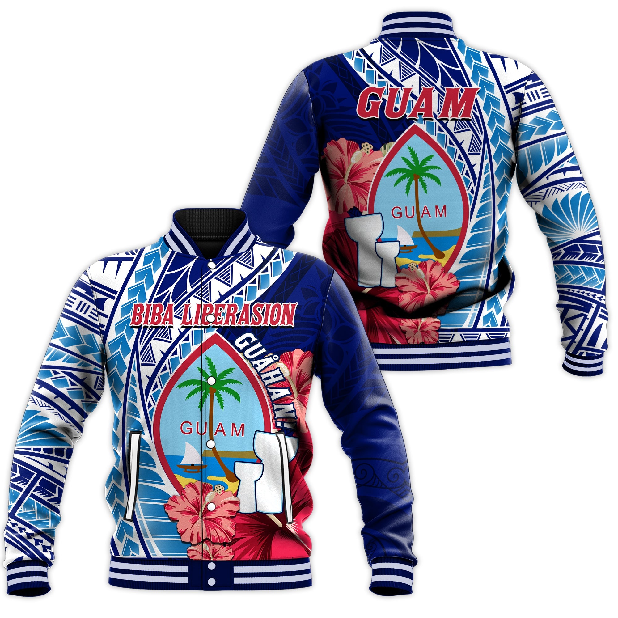 Guam Chamorro Baseball Jacket Happy Liberation Day Latte Stone LT13 Unisex Blue - Polynesian Pride