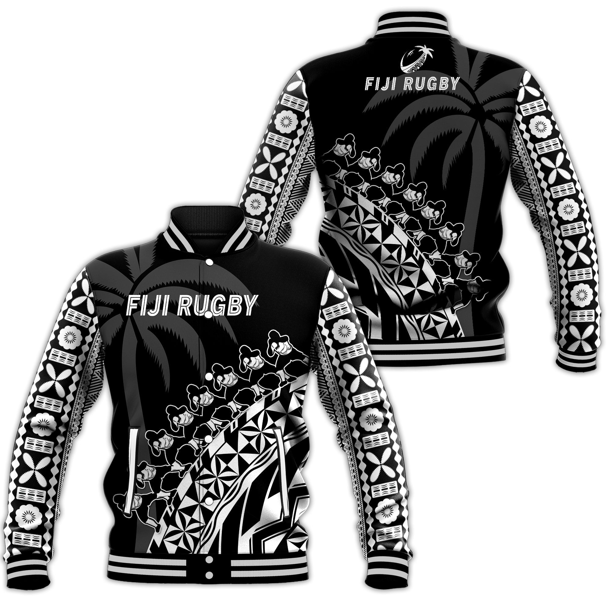 Fiji Rugby Baseball Jacket Fijian Cibi Dance Tapa Pattern Black LT14 Unisex Black - Polynesian Pride