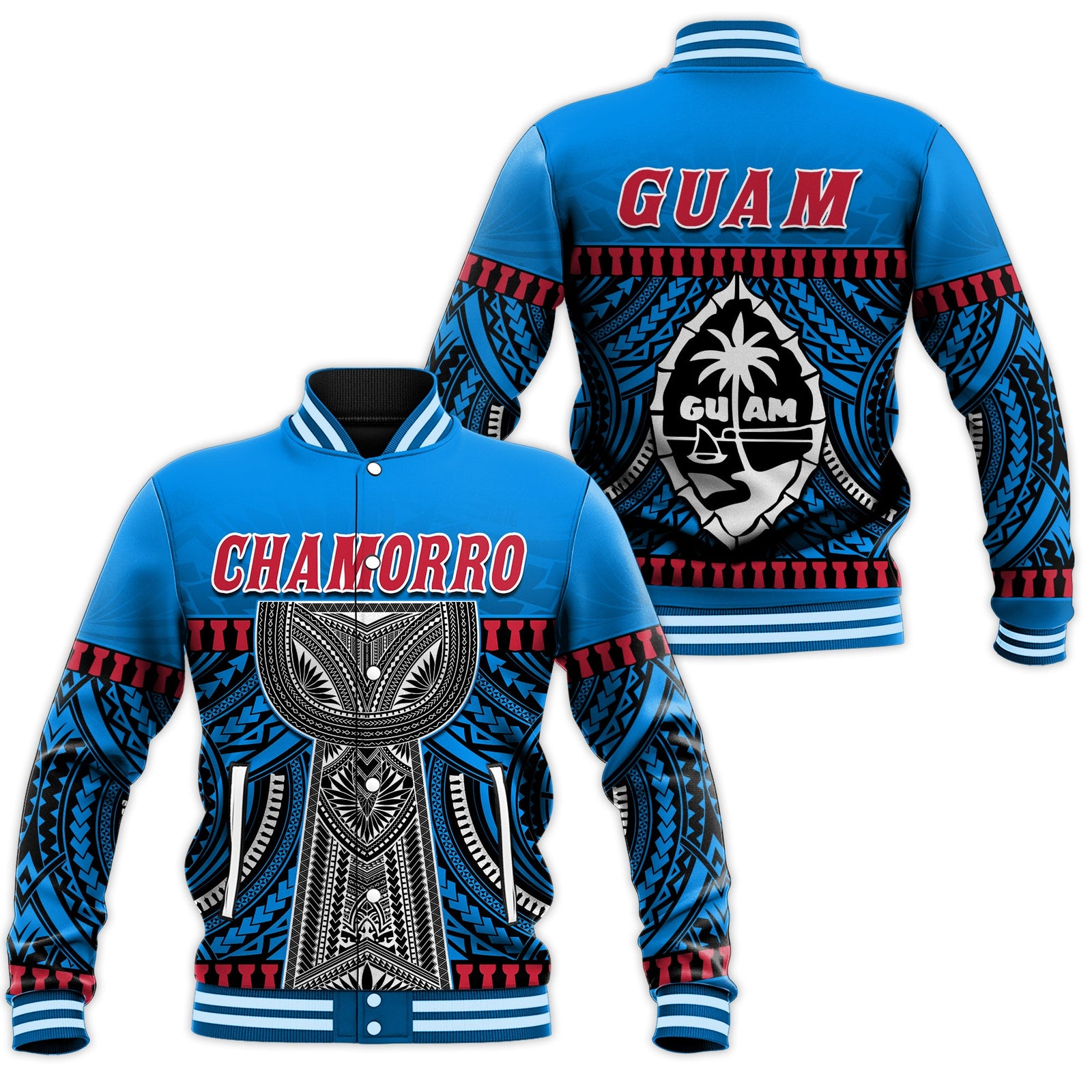 Guam Chamorro Baseball Jacket Latte Stone Blue Polynesian Haligi LT13 Unisex Blue - Polynesian Pride