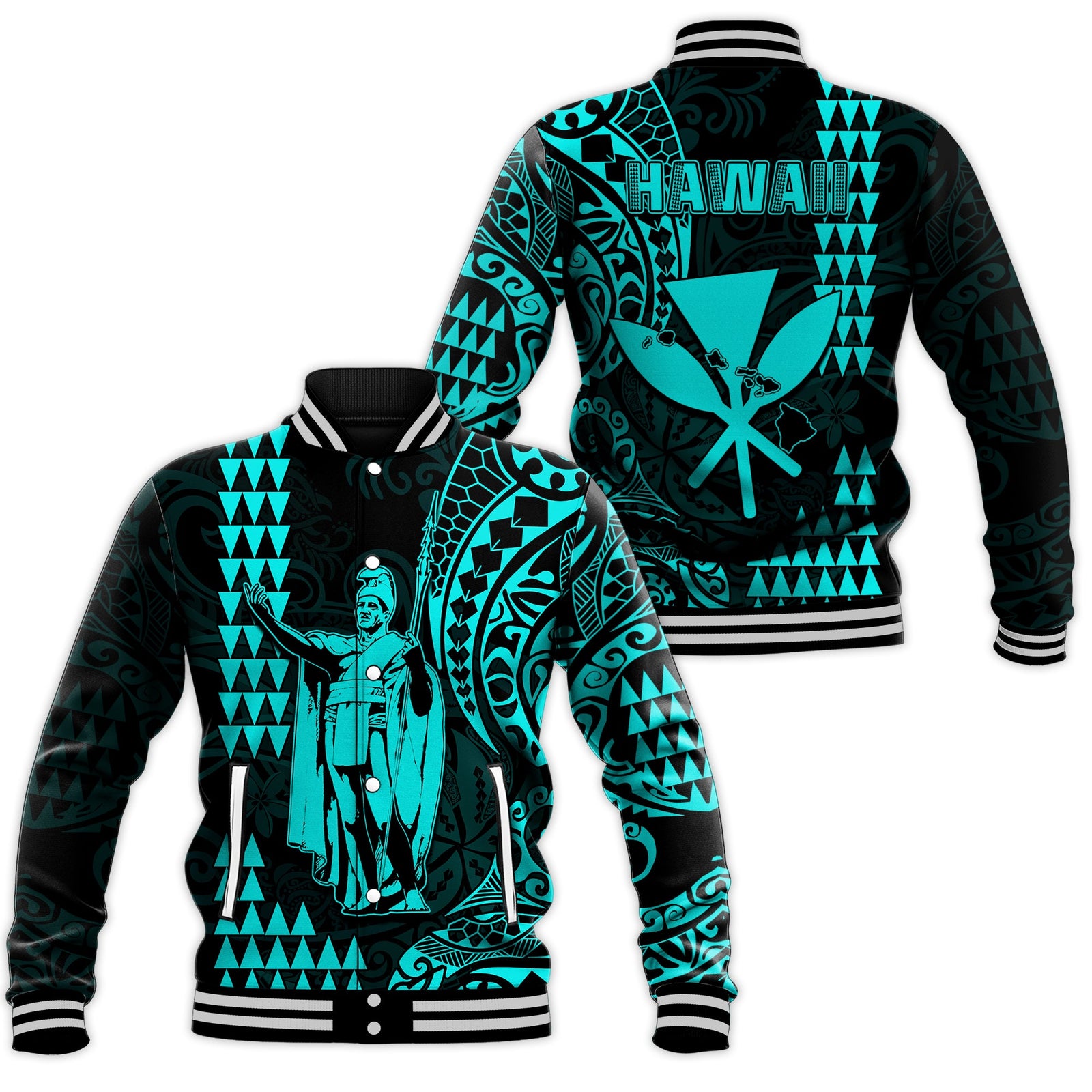 Hawaii Day Kakau Baseball Jacket Proud To Be Hawaiian Turquoise King Kamehameha and Kanaka Maoli LT13 Unisex Turquoise - Polynesian Pride