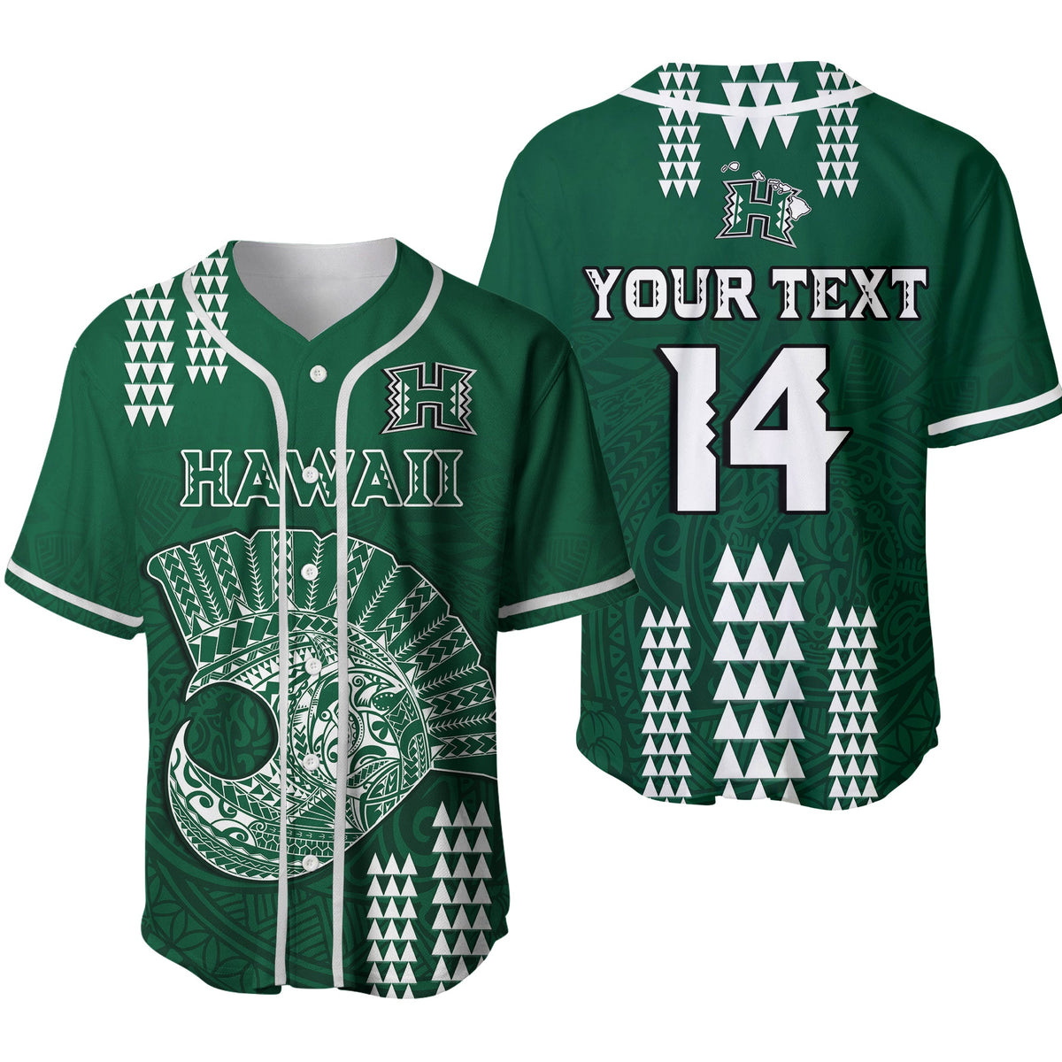 (Custom Text And Number) Hawaii Football Baseball Jersey Kakau Rainbow Warriors Helmet Ver.02 LT14 Green - Polynesian Pride