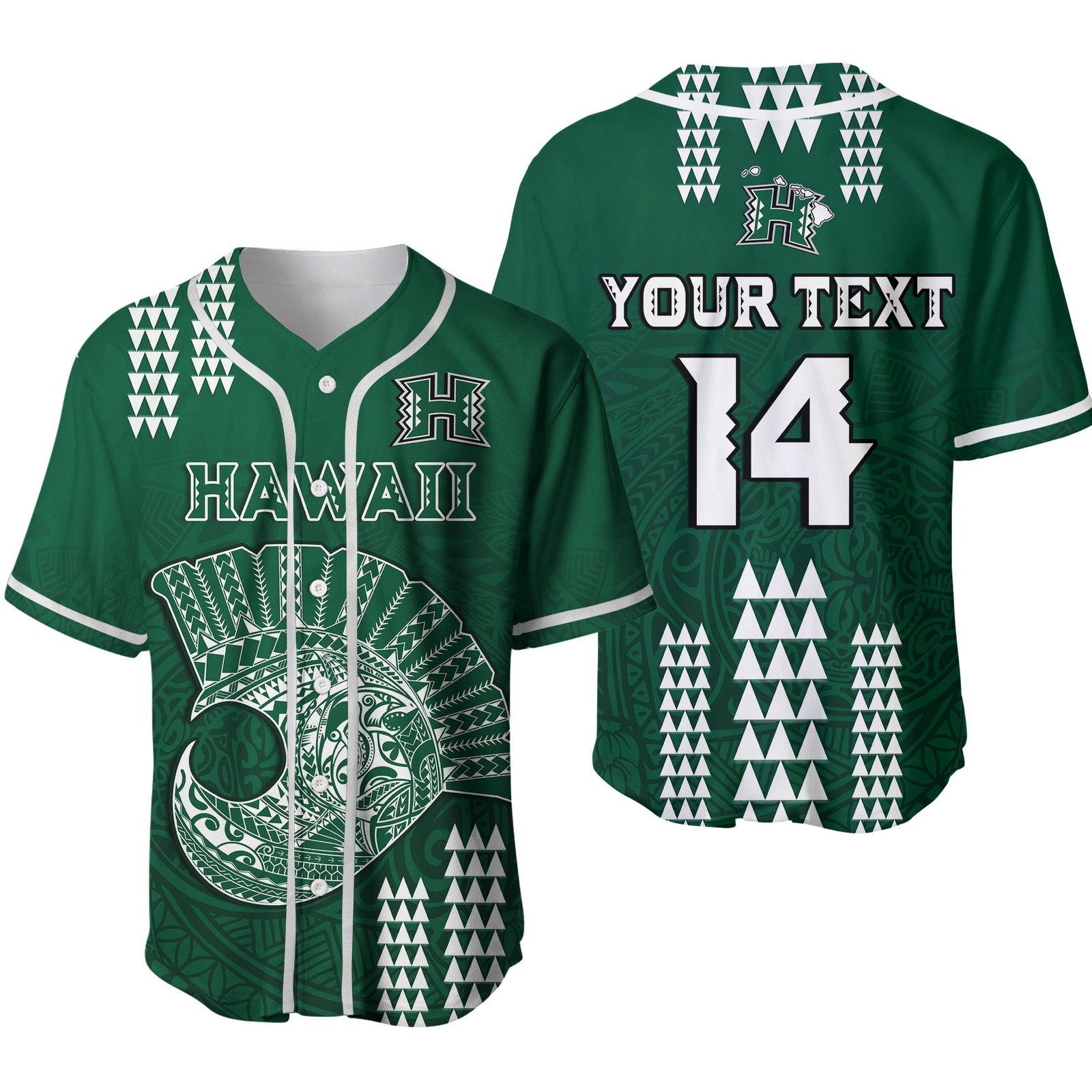 (Custom Text And Number) Hawaii Football Baseball Jersey Kakau Rainbow Warriors Helmet Ver.02 LT14 Green - Polynesian Pride