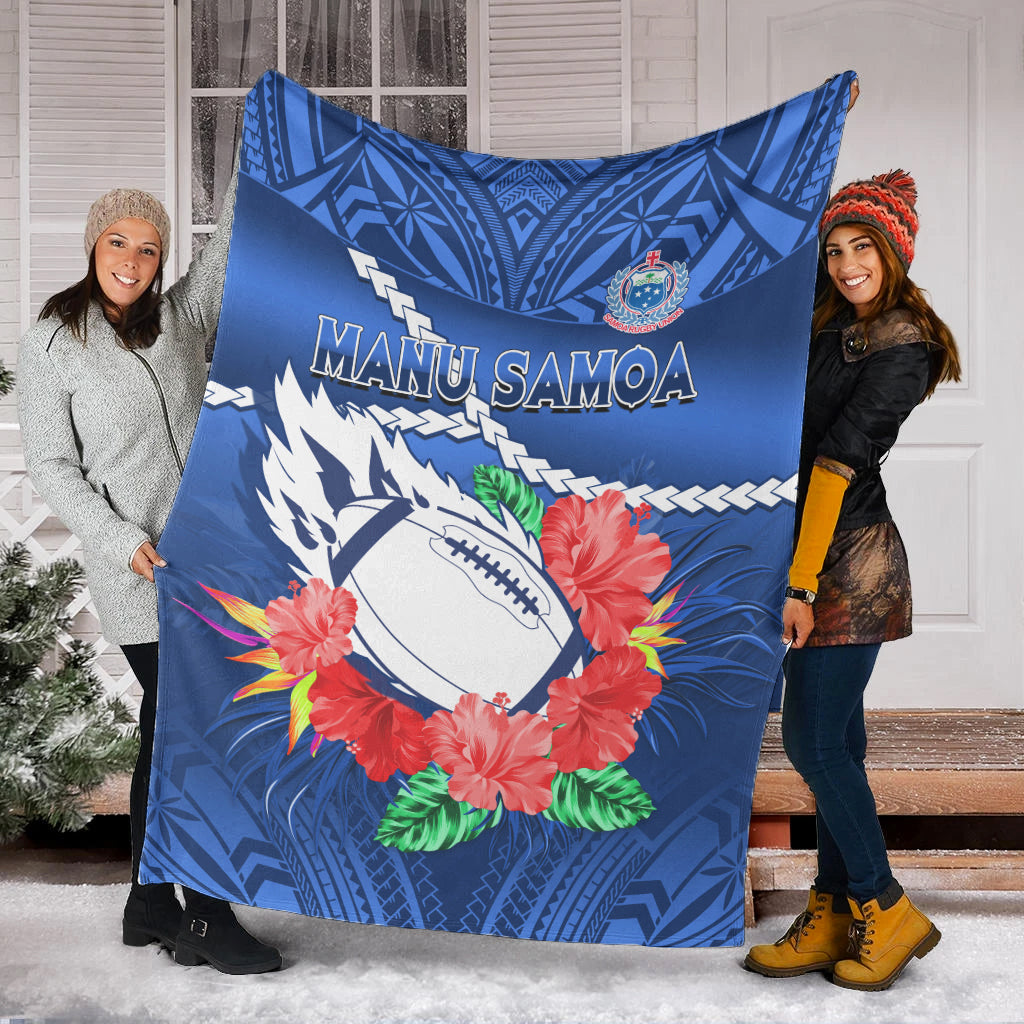 Samoa Rugby Premium Blanket Manu Samoa Polynesian Hibiscus Blue Style LT14 - Polynesian Pride