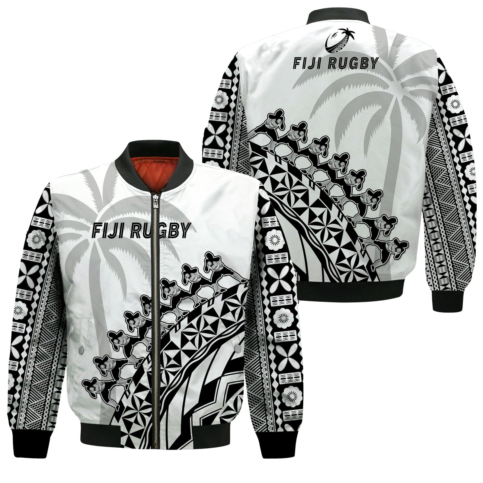 Fiji Rugby Bomber Jacket Fijian Cibi Dance Tapa Pattern White LT14 Unisex White - Polynesian Pride