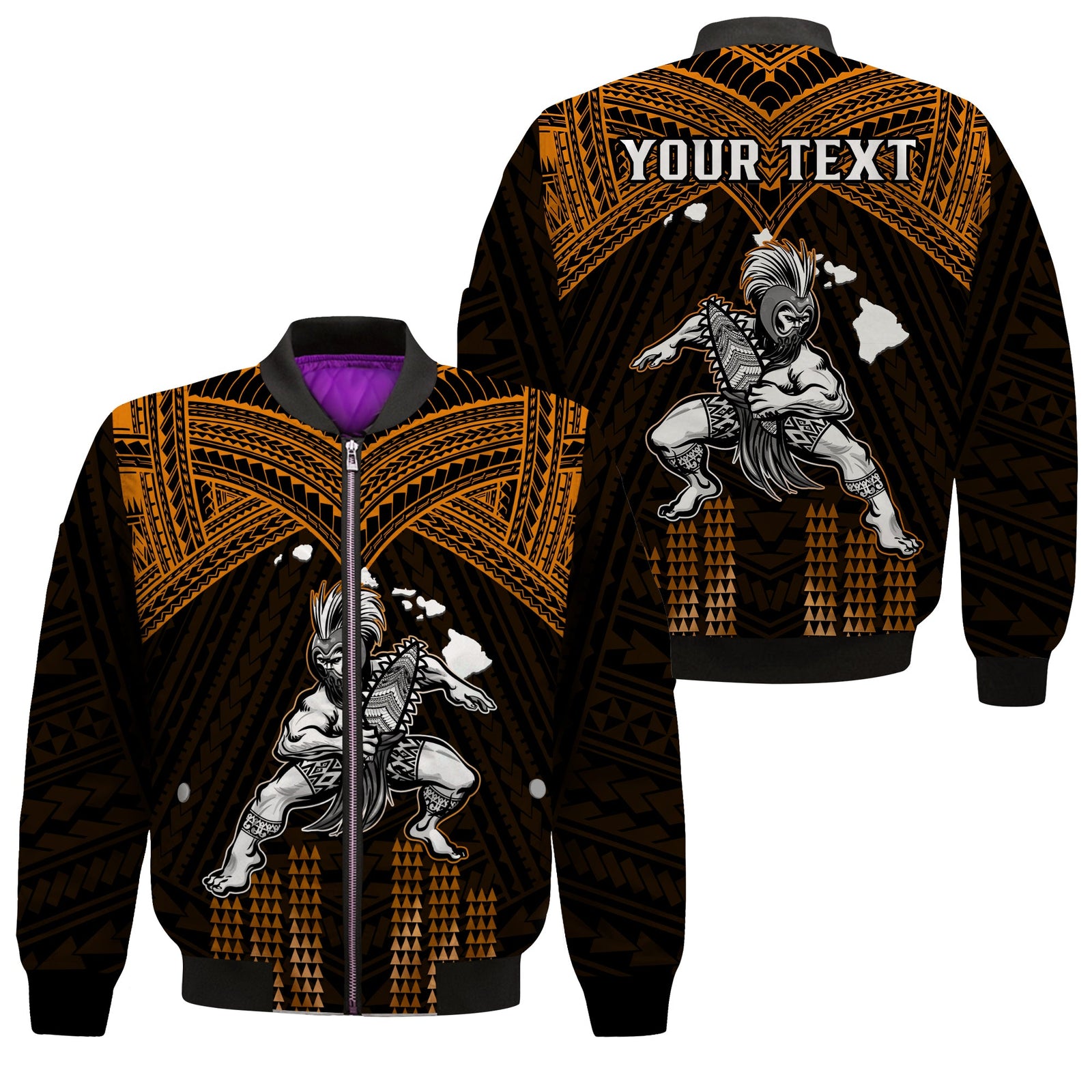 (Custom Personalised) Hawaii Bomber Jacket Hawaiian Warrior With Weapon Polynesian Ver.07 LT14 Unisex Gold - Polynesian Pride