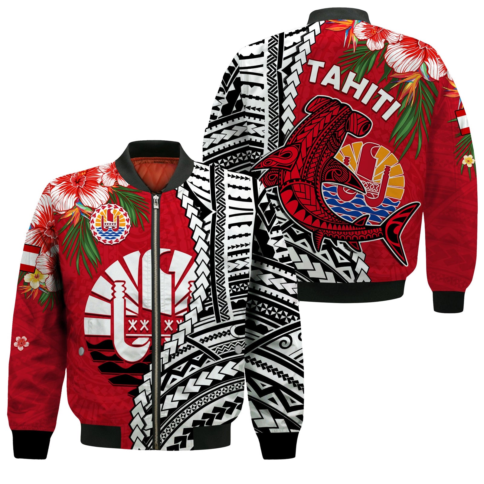 Tahiti Islands Bomber Jacket Polynesian Shark Mix Tropical Flowers LT14 Unisex Red - Polynesian Pride