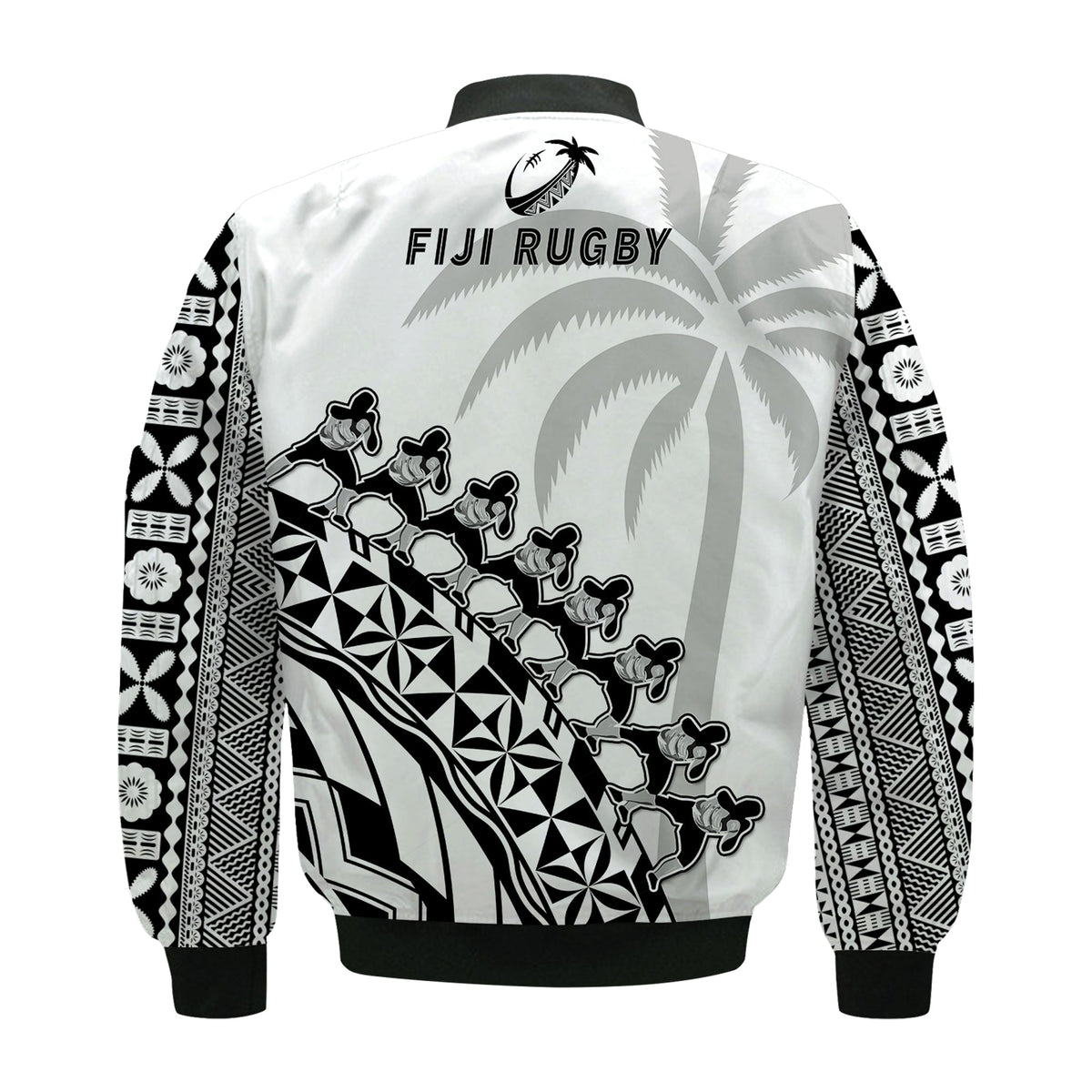 Fiji Rugby Bomber Jacket Fijian Cibi Dance Tapa Pattern White LT14 - Polynesian Pride