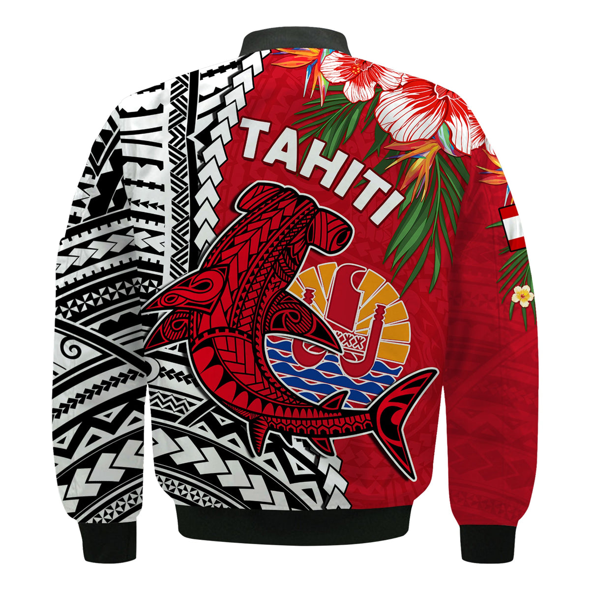 Tahiti Islands Bomber Jacket Polynesian Shark Mix Tropical Flowers LT14 - Polynesian Pride