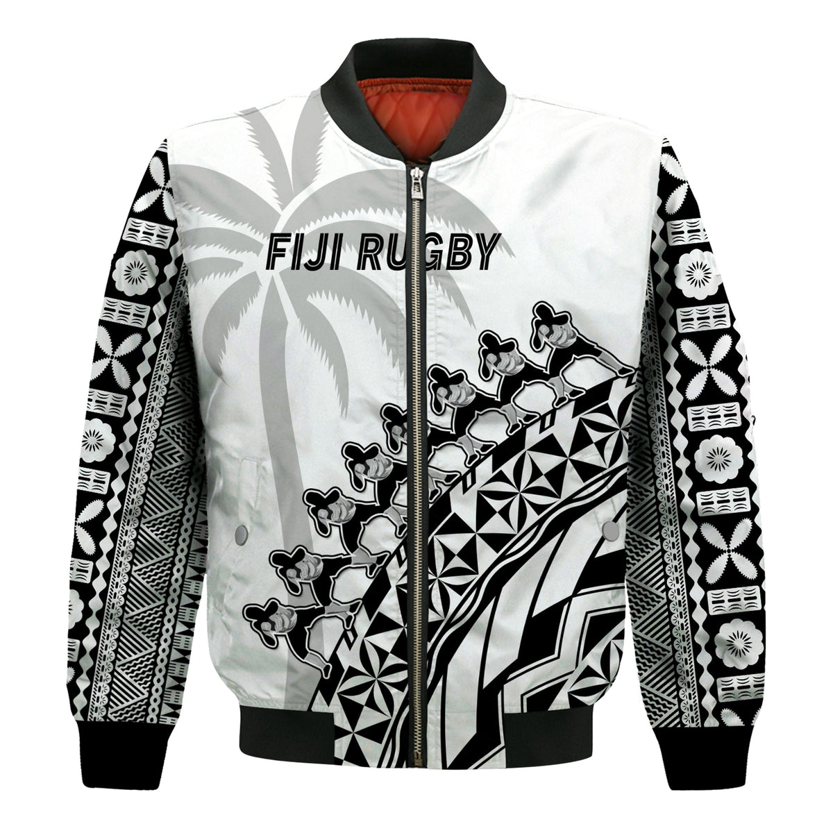 Fiji Rugby Bomber Jacket Fijian Cibi Dance Tapa Pattern White LT14 - Polynesian Pride