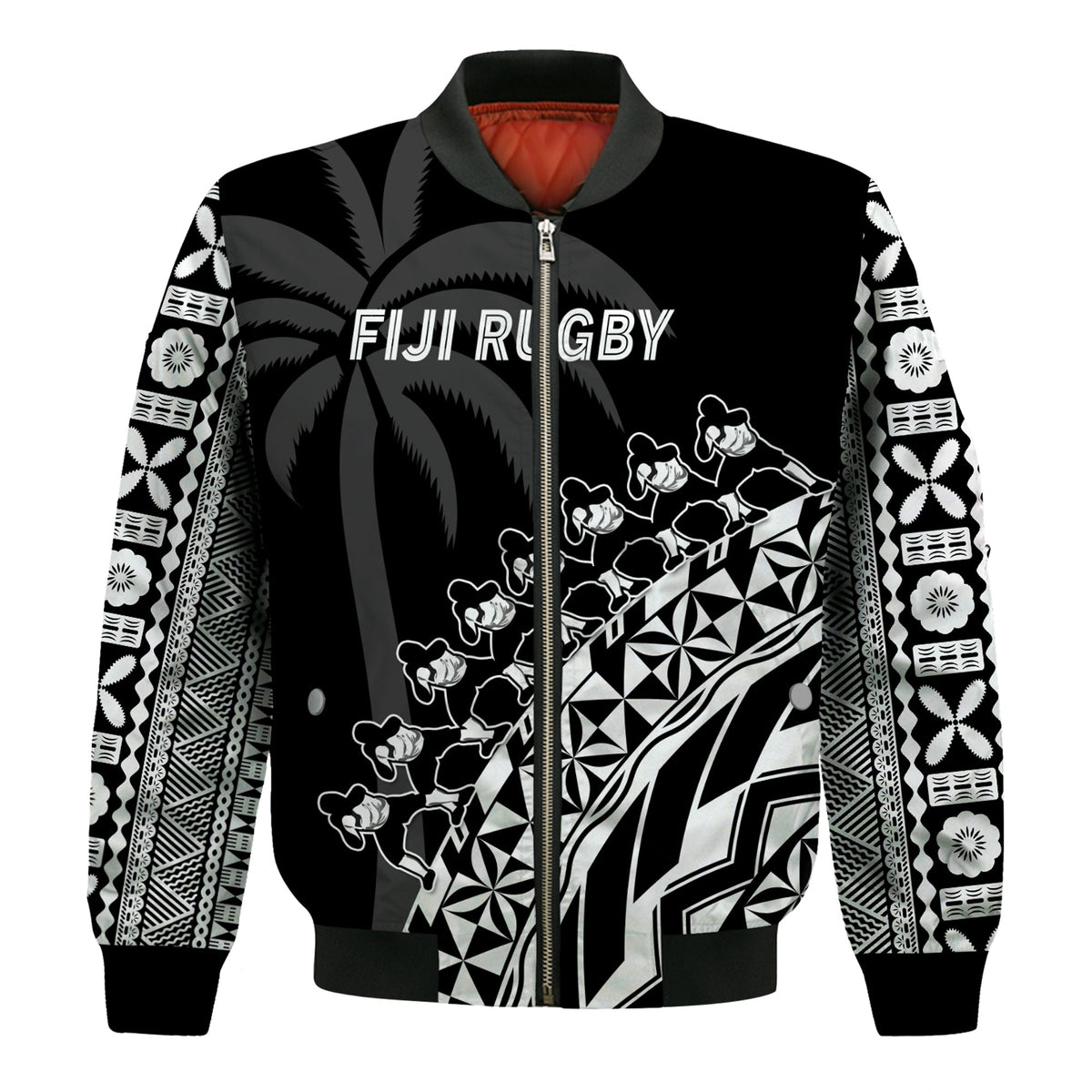 Fiji Rugby Bomber Jacket Fijian Cibi Dance Tapa Pattern Black LT14 - Polynesian Pride