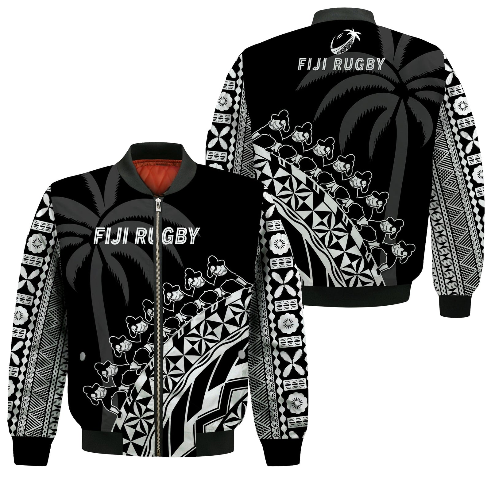 Fiji Rugby Bomber Jacket Fijian Cibi Dance Tapa Pattern Black LT14 Unisex Black - Polynesian Pride