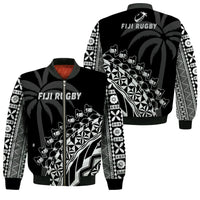 Fiji Rugby Bomber Jacket Fijian Cibi Dance Tapa Pattern Black LT14 Unisex Black - Polynesian Pride