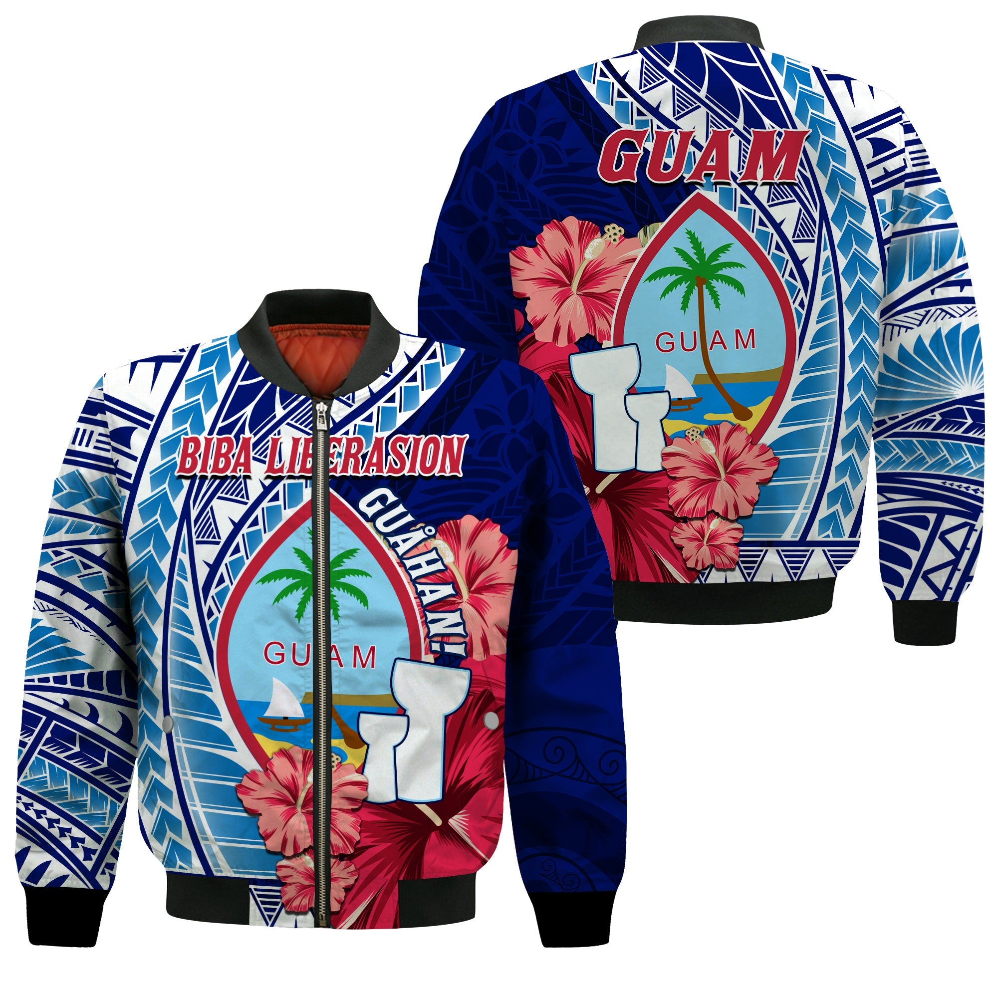 Guam Chamorro Bomber Jacket Happy Liberation Day Latte Stone LT13 Unisex Blue - Polynesian Pride