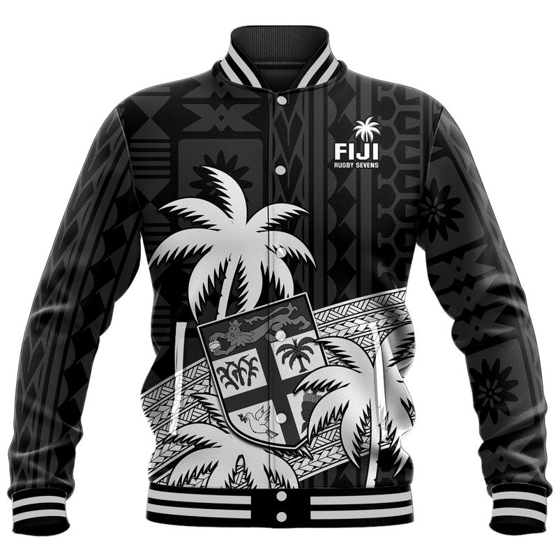 Fiji Rugby Sevens Baseball Jacket Tapa Palm Tree and Fijian Coat of Arms LT9 Unisex Blue - Polynesian Pride