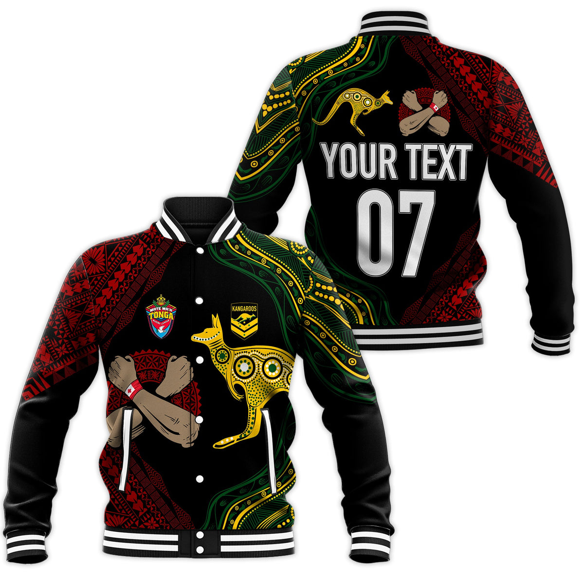 Personalised Aussie Kangaroos Mix Mate Maa Tonga Baseball Jacket Aboriginal with Kupesi LT7 Unisex Black - Polynesian Pride