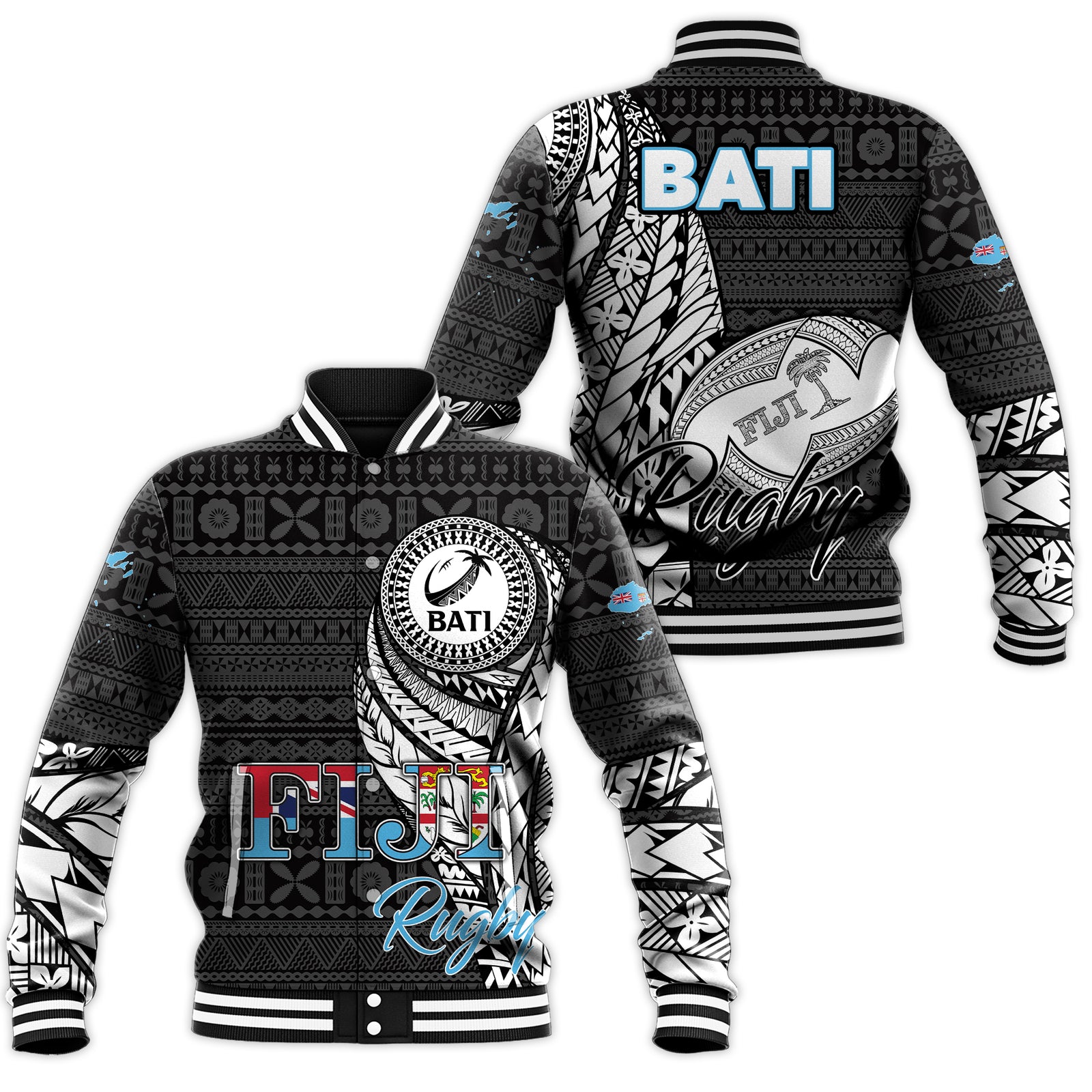 Fiji Rugby Bati Tapa Pattern Baseball Jacket - LT2 Unisex BLACK - Polynesian Pride