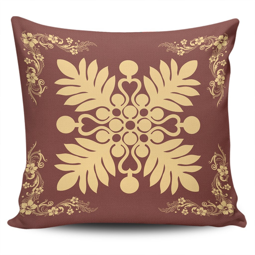 Hawaiian Quilt Maui Plant And Hibiscus Pattern Pillow Covers - Beige Coral - AH One Size Beige - Polynesian Pride