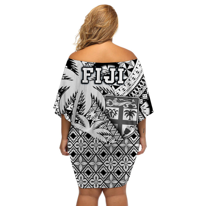 Fiji Coat Of Arms Women Off Shoulder Short Dress Masi Tapa Mixed Palm Tree No1 Black Version LT9 - Polynesian Pride
