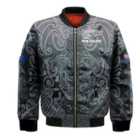 New Zealand Taiaha Maori Bomber Jacket Minimalist Silver Fern All Black LT9 Unisex Black - Polynesian Pride