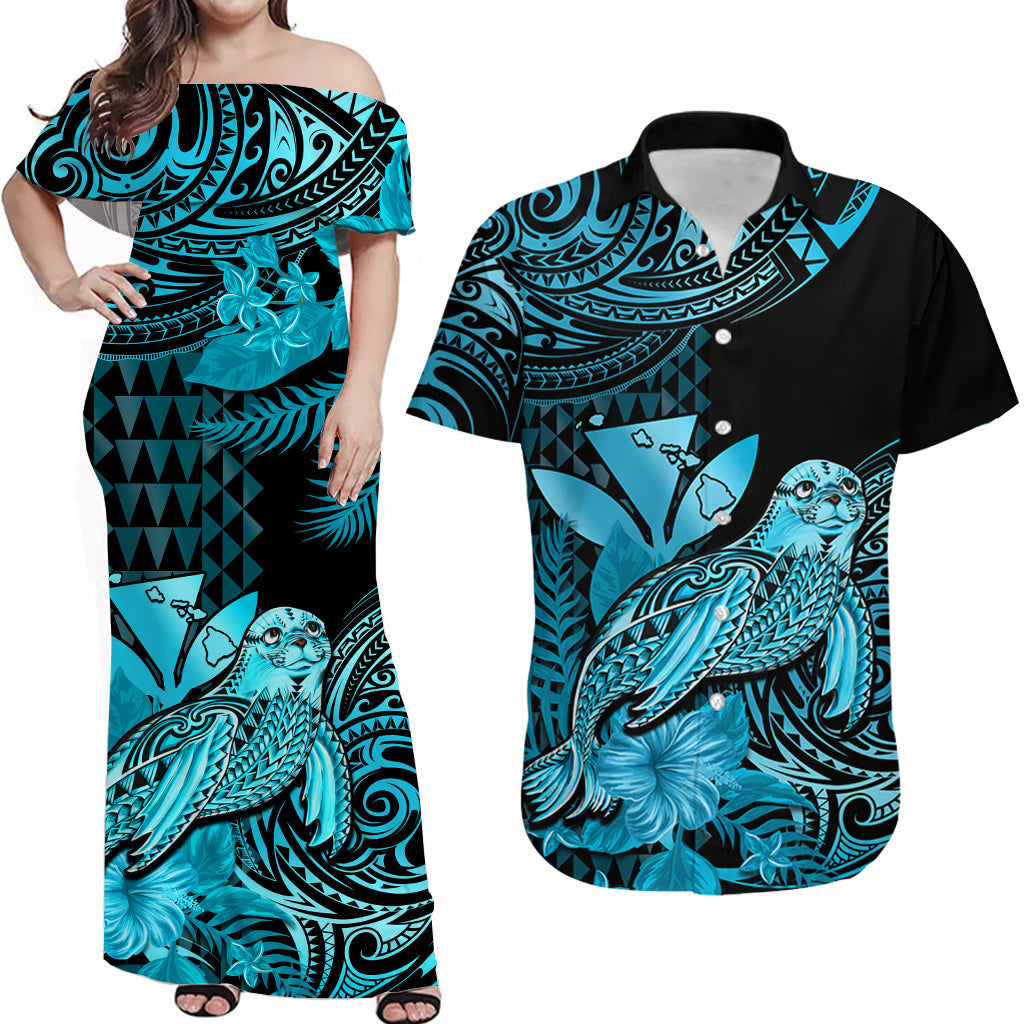 Custom Polynesian Tribal Matching Hawaiian Outfits For Couples Monk Seal with Kanaka Turquoise LT14 Turquoise - Polynesian Pride