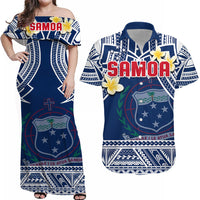Samoa Matching Dress and Hawaiian Shirt Samoan Plumeria Flowers Mix Polynesian Pattern LT14 Blue - Polynesian Pride