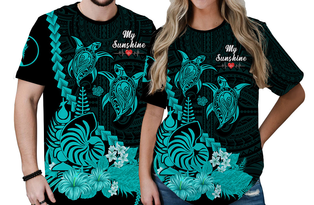 Custom New Caledonia Valentine Couple T Shirt My Sunshine Polynesia Turtle Turquoise LT14 No Men - Polynesian Pride