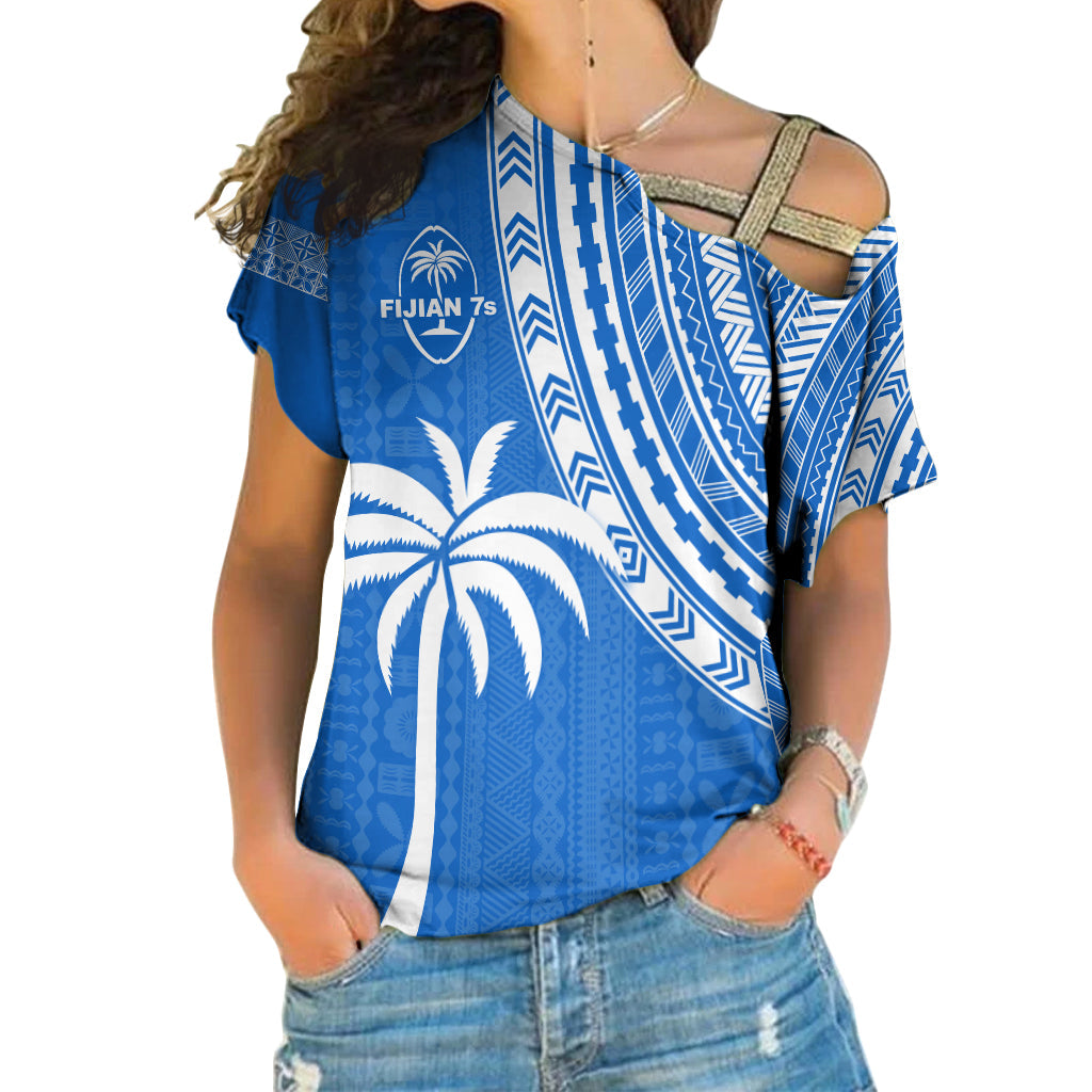 Fiji Rugby Sevens Cross Shoulder Shirt Fijian 7s Tapa Polynesian Blue Ver.01 LT13 Female Blue - Polynesian Pride