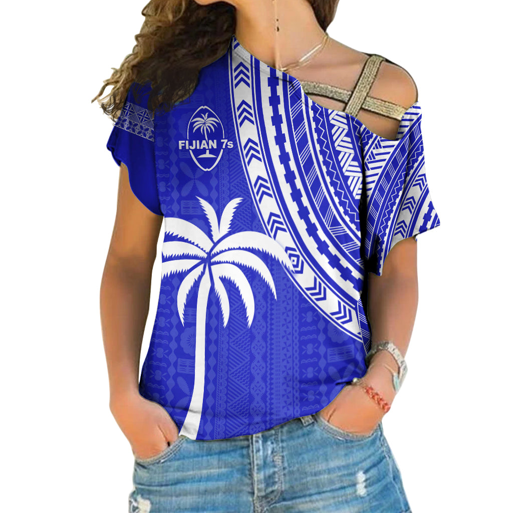 Fiji Rugby Sevens Cross Shoulder Shirt Fijian 7s Tapa Polynesian Blue Ver.02 LT13 Female Blue - Polynesian Pride