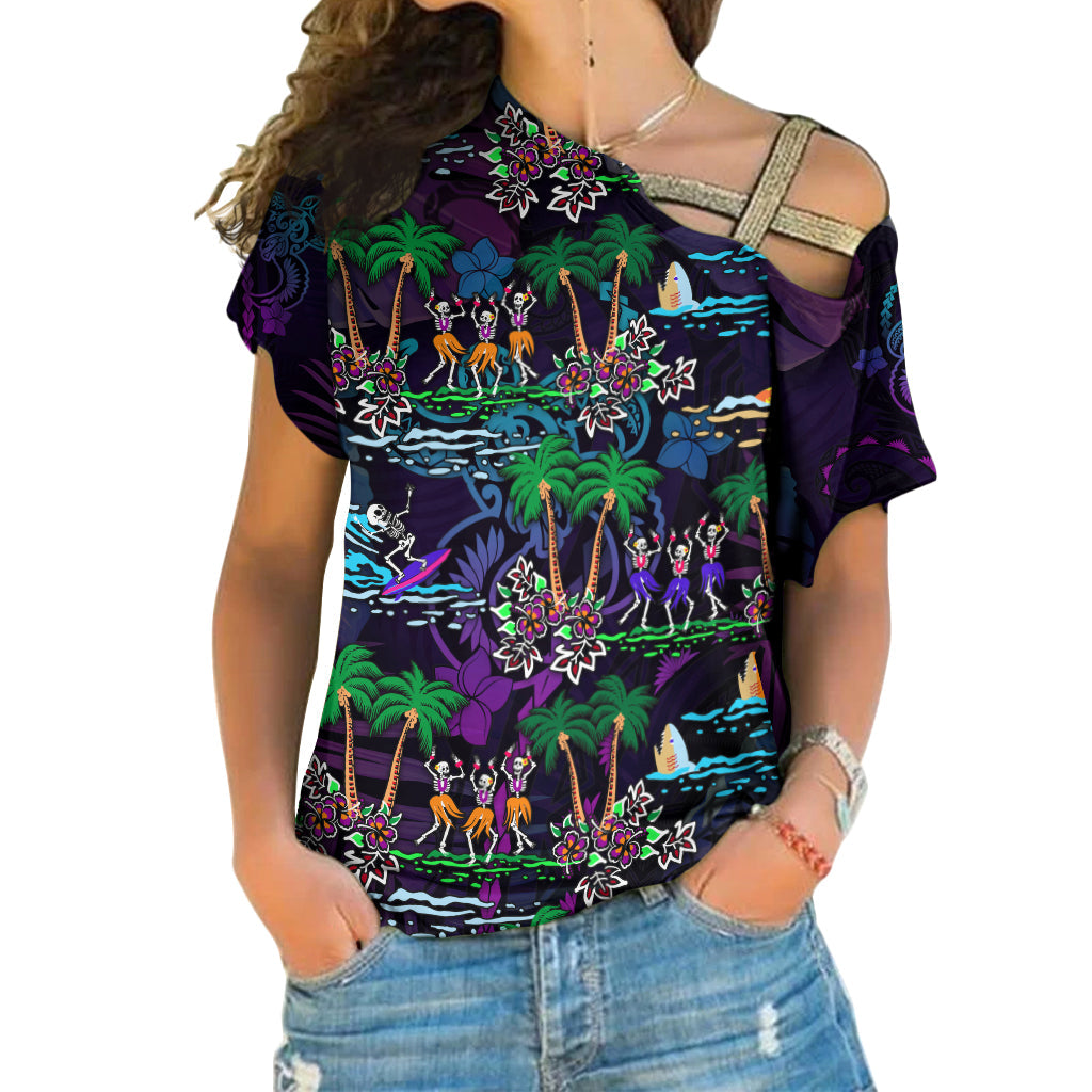 Hawaii Skeleton Dancing Cross Shoulder Shirt Halloween Hawaiian Turtle LT13 Female Purple - Polynesian Pride