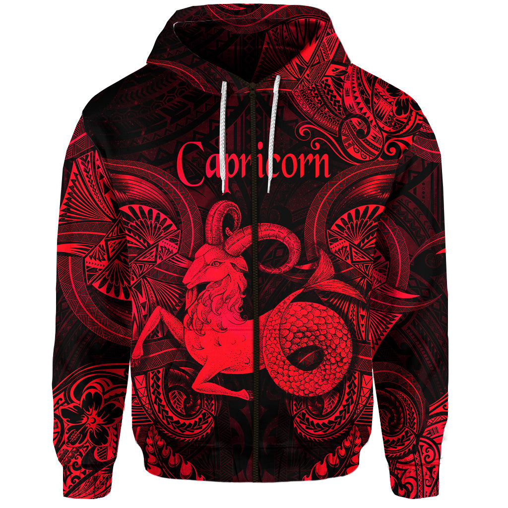 Custom Capricorn Zodiac Polynesian Zip Hoodie Unique Style Red LT8 - Polynesian Pride
