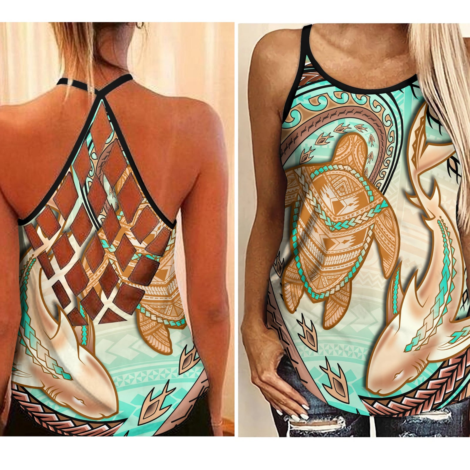 Hawaii Criss Cross Tank Top Polynesian Shark And Sea Turtle Dreamy Turquoise Artsy LT14 Female Turquoise - Polynesian Pride