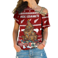 New Zealand Cross Shoulder Shirt Mere Kirihimete - Kiwi Xmas Tree LT7 Female Red - Polynesian Pride
