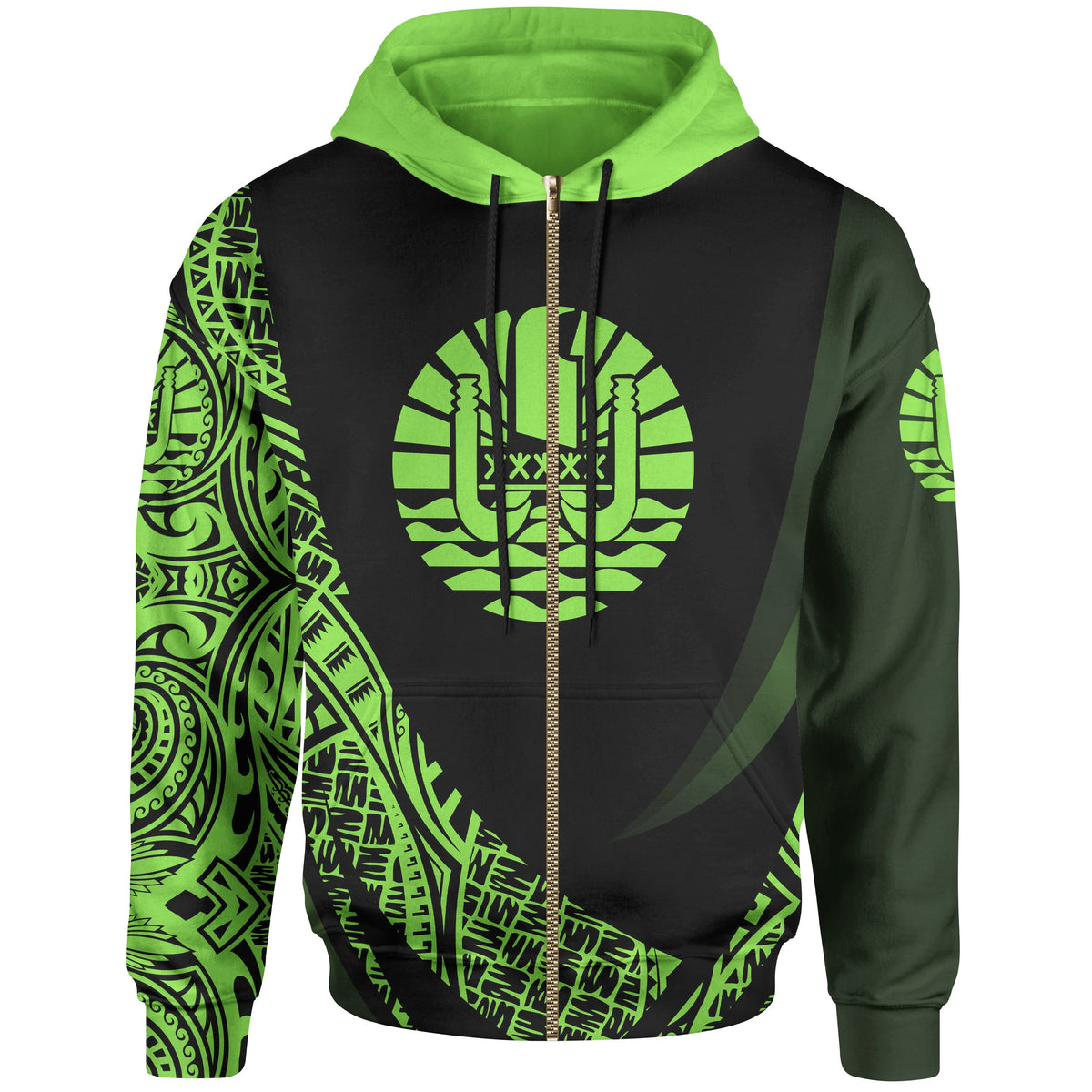 Tahiti Zip Hoodie Green Polynesian Patterns Sport Style Unisex Black - Polynesian Pride