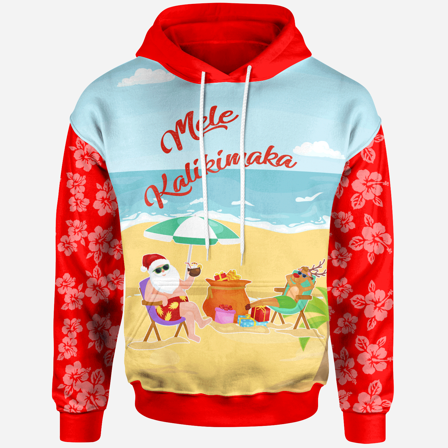 Mele Kalikimaka Hoodie Santa Claus and Reindeer On The Beach Red Color Unisex Red - Polynesian Pride