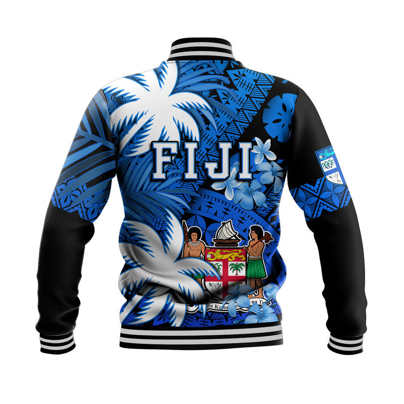 Fiji Coat Of Arms Baseball Jacket Masi Tapa Mixed Palm Tree No2 Blue Version LT9 - Polynesian Pride