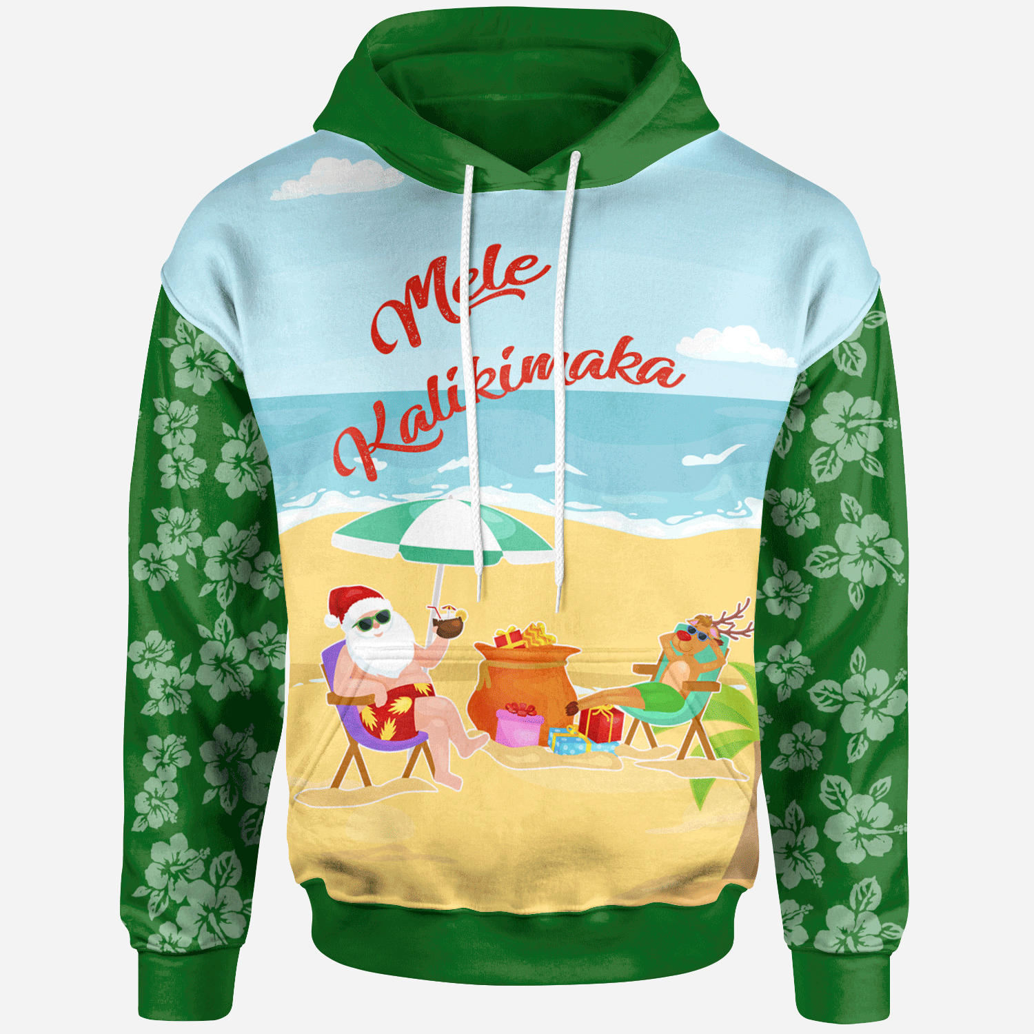 Mele Kalikimaka Hoodie Santa Claus and Reindeer On The Beach Green Color Unisex Green - Polynesian Pride