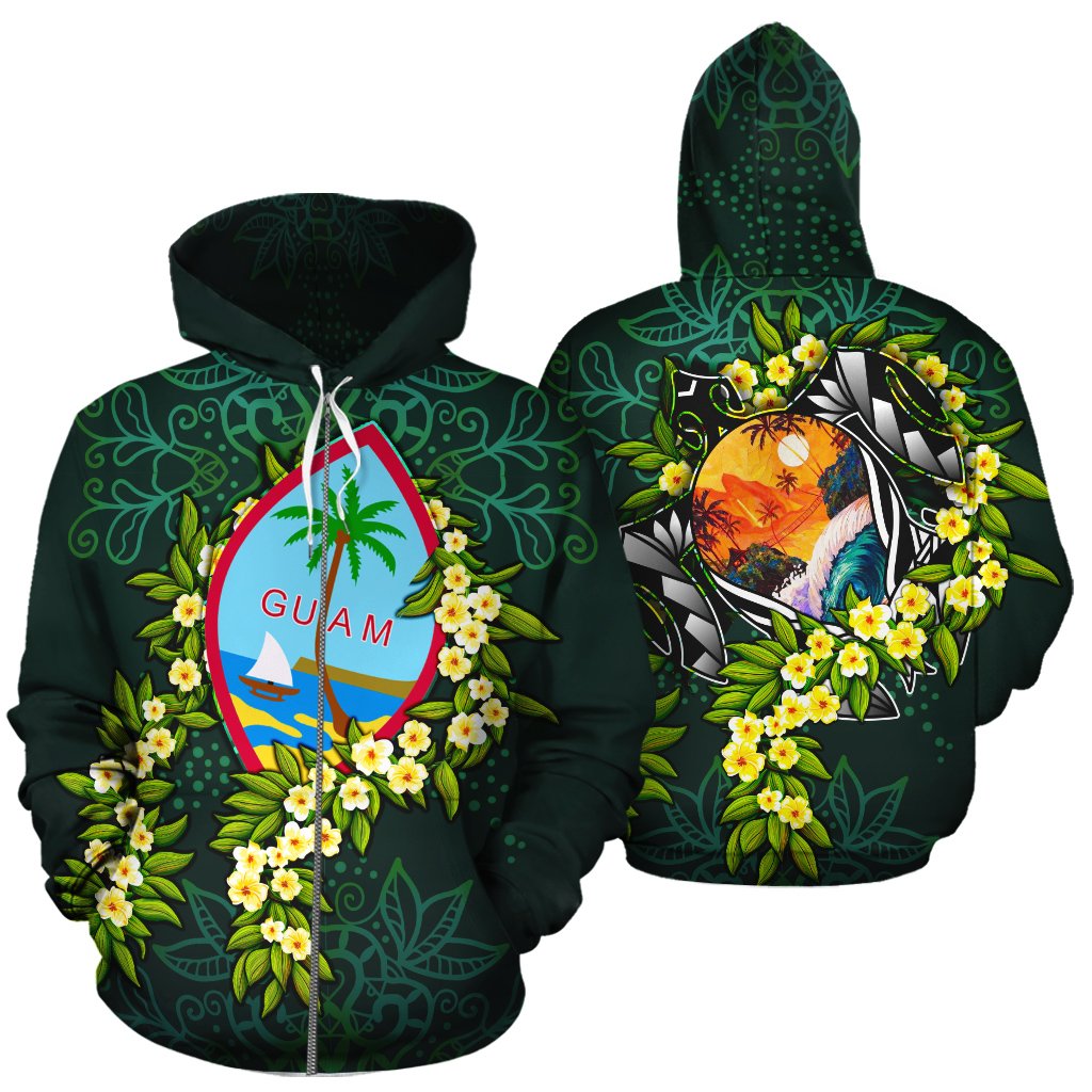 Guam Polynesian Zip up Hoodie Ti Leaf Lei Turtle Unisex Green - Polynesian Pride
