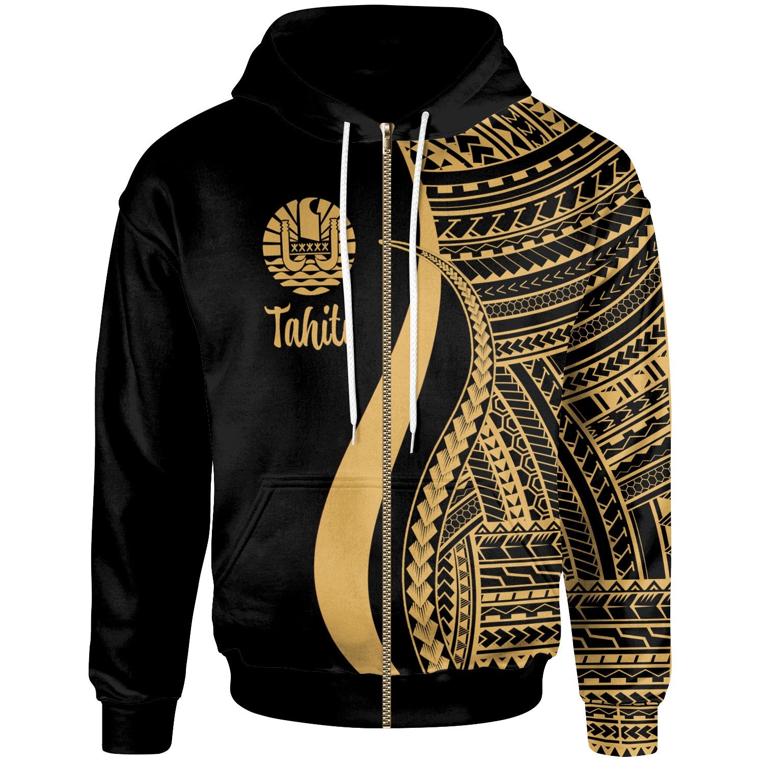 Tahiti Zip up Hoodie Gold Tentacle Tribal Pattern Unisex Gold - Polynesian Pride